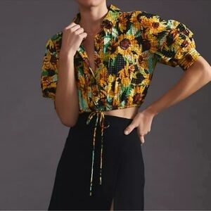 Anthropologie Maeve Sunflower Button Front Cropped Shirt SZ M